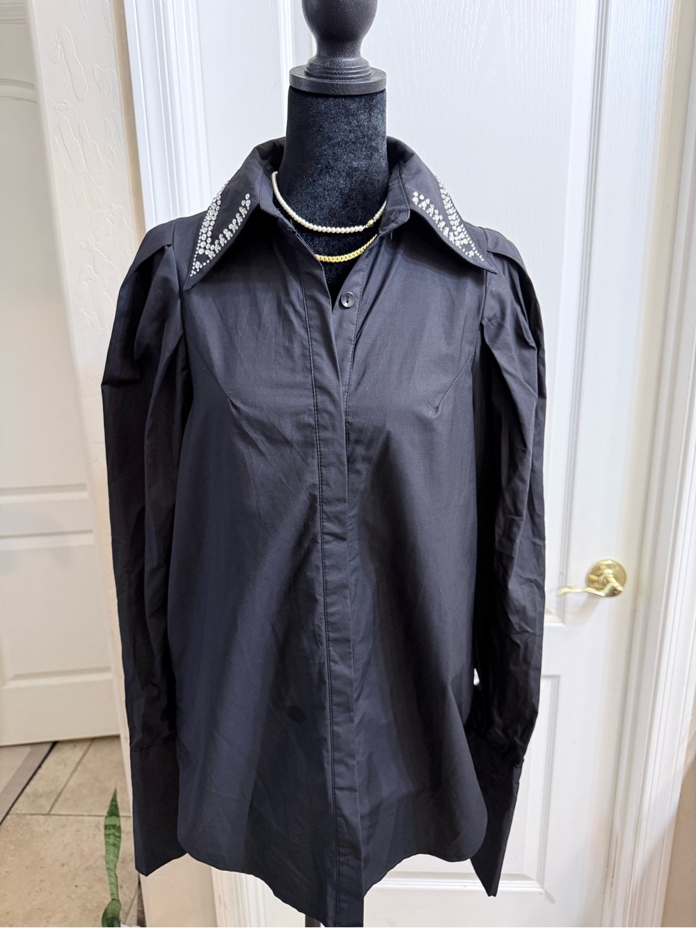 Flamant Rose Rhinestone Collar Puff Sleeve Black Button Front Shirt Size M/L